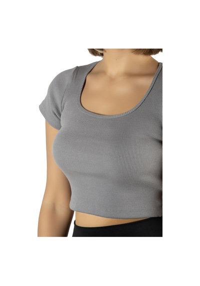 Terapi Men Gri Havuz Yaka Fitted/vücuda Oturan Kısa Kol Crop Tişört Gri
