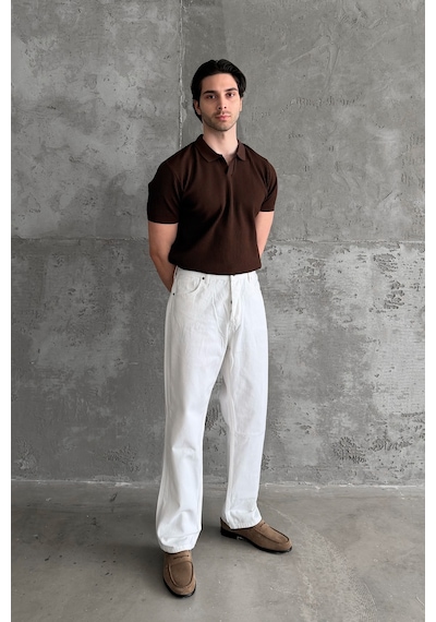 Erkek Petek Desen Polo Yaka Triko T-shirt Kahverengi