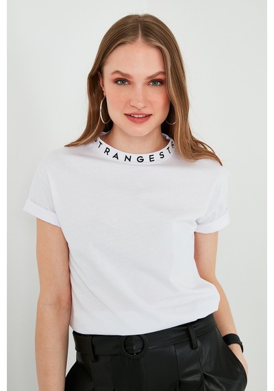 Lela Yakası Baskılı Bisiklet Yaka Basic Örme Bayan T Shirt 5864054 Beyaz