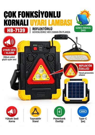 Çok Fonksiyonlu Reflektör Solar Lamba Powerbank Güneş Enerjili Yüksek Sesli Sirenli Lamba Acil Durum Sireni Uyarı Alarm Sesli Taşınabilir Şarjlı Ekstra Lambalı