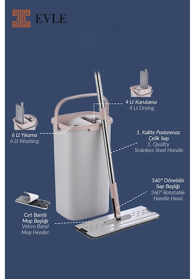 Lavine Premium Flat Mop Seti Gri, Su Tahliyeli Kova, Paslanmaz Çelik Sap
