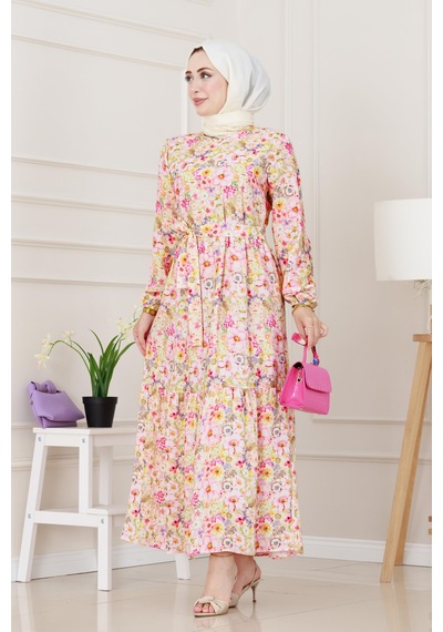 Sevitli Çiçekli Kumsal Elbise-pembe-5245 Pembe