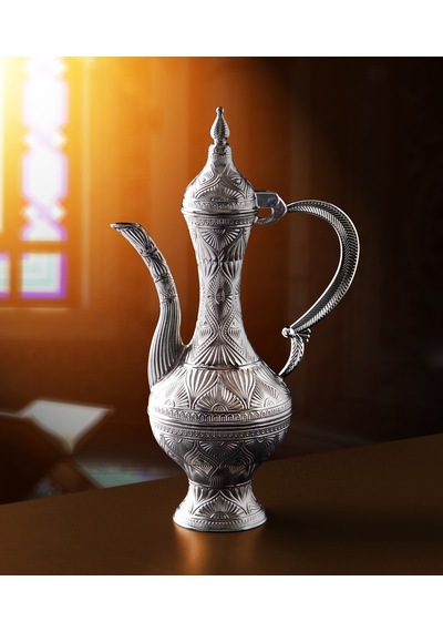 Gümüş Renk Dekoratif Tam Zemzem Takımı 9 Parça Güldanlık Sürahi Ve Fincan Servis Takımı