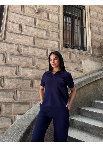 WeShaya Laci Polyester Elastan Polo Yaka Takım Lacivert