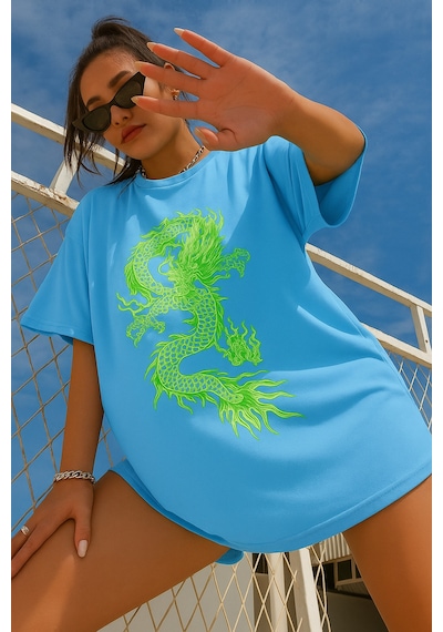 Ejderha Baskılı Oversize T-shirt Bebe Mavisi