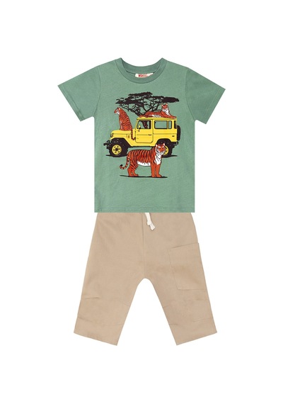 Denokids Safari Erkek Çocuk Yazlık T-shirt Gabardin Şort Takım