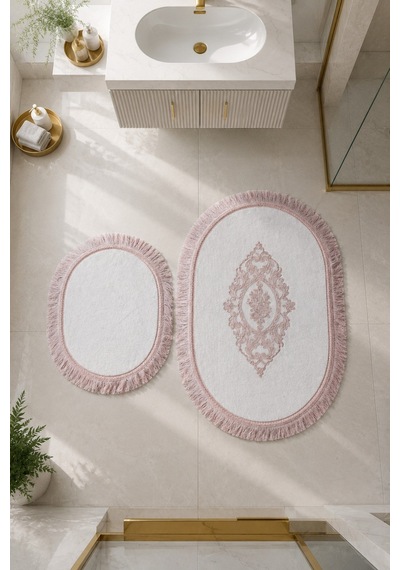 Pudra 2'li Dantelli Kaymaz Deri Tabanlı Oval Banyo Paspası Püsküllü Yıkanabilir Banyo Takımı Simela