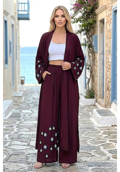 Veraura Lifestyle Bordo Mavi Boncuk Kimono Pantolon Takım