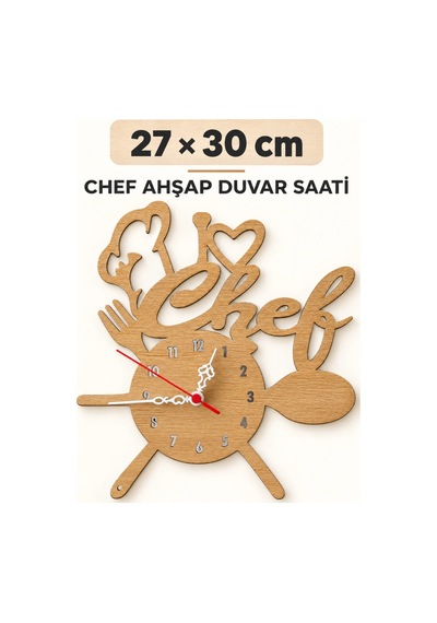 Chef Detaylı Sessiz Mekanizma Ahşap 27x30 Cm Duvar Saati Restoran, Mutfak İçin İdeal Lüx Duvar Dekoru Saat