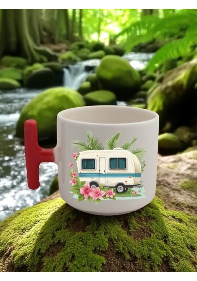Çiçek Ve Karavan Baskılı 3'lü Kırmızı Kulplu Seramik Kupa Bardak Beyaz