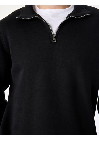 Koton Şardonlu Regular Fit Uzun Kollu Fermuarlı Yaka Sweatshirt Siyah 7wam70003mk