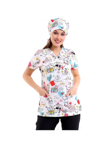 Yarasa Kol Dijital Desenli Üst - 6503 Beyaz Stetoskop-7189