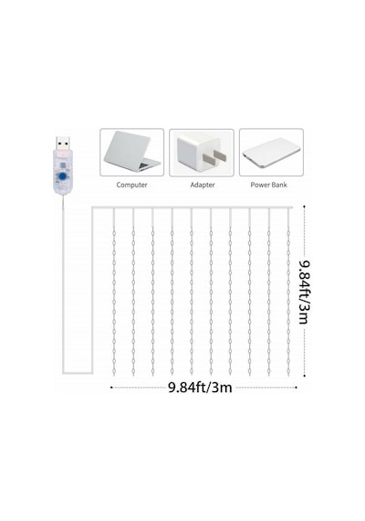 Mor 300 Led Perde Işıkları Dize 3m 3m Usb İle Çalışan Su Geçirmez Pırıltı Duvar Işıkları Mor