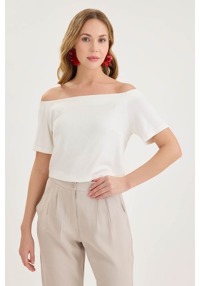 Vitrin Kayık Yaka Crop Bluz Ekru