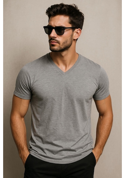 Rich Erkek %100 Pamuk Kısa Kollu V Yaka Gri T-shirt Gri