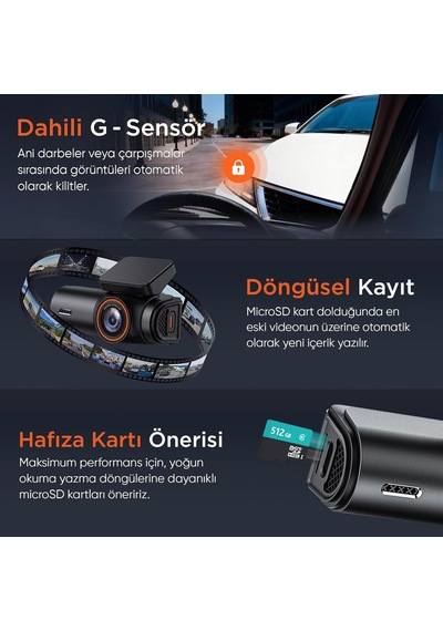 Juo C10 Pro 3k Uhd Hdr Wifi Ekranlı Araç Kamerası 170 Derece Geniş Açı Gece Görüş G-sensörlü Araç İçi Kame