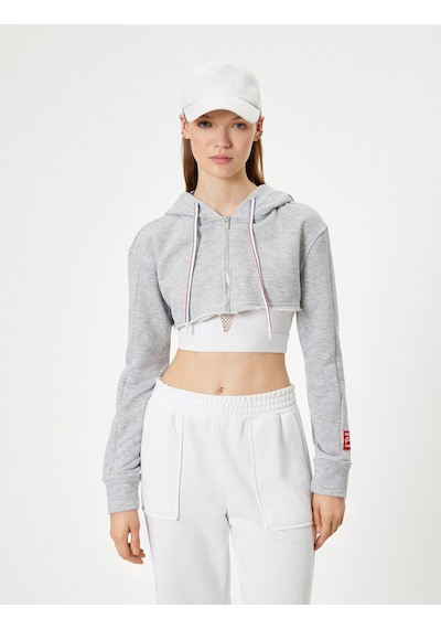 Koton Crop Spor Sweatshirt Kapüşonlu Fermuarlı Rahat Kesim Gri Melanj 4sak20019nk Gri Melanj