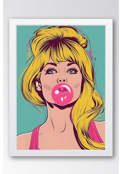 Balon Çiklet Şişiren Kadın Çerçeveli Tablo - Pop Art Poster Tablo