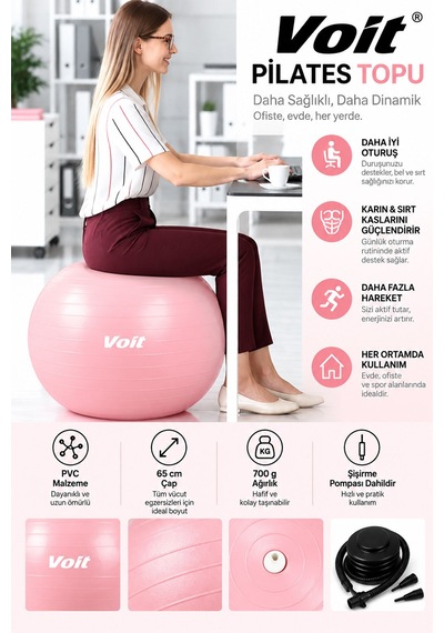 65 cm Pilates Topu Pompa Dahil Fitness ve Denge Egzersiz Topu Pembe