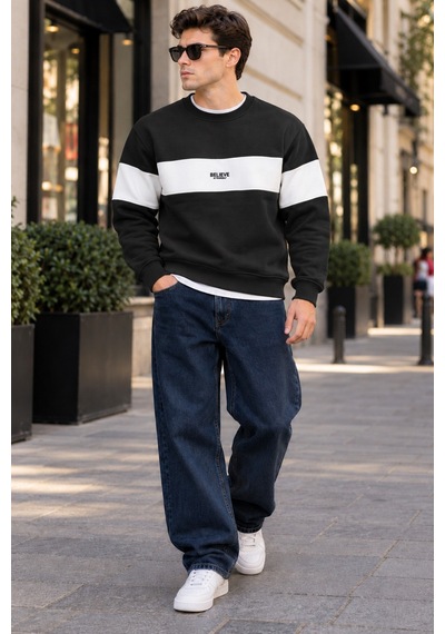 Tarz Cool Erkek Şerit Detaylı Believe Baskılı 3 İplik Şardonlu Bisiklet Yaka Sweatshirt Siyah