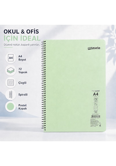 Mynote Flex Pastel A4 72 Yaprak 60 Gr Spiralli Çizgili Defter Açık Yeşil