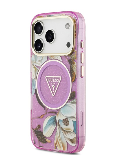 Apple Uyumlu iPhone 17 Pro Kılıf Guess Lisanslı M-safeli Simli Çiçek Desenli Metal Kamera Çerçeveli Kapak Mor Mor