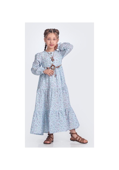 Mnk Baby & Kids Müslin Kumaş Kız Çocuk Uzun Kol Tesettür Elbise M00705 Mavi