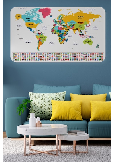 Harita Sepeti Türkçe Ülke Bayrak Lı Eğitici Başkent Detaylı Atlası Dünya Haritası Duvar Sticker -3834-a-60 X 105 CM