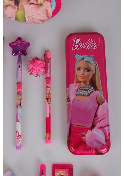 X Dekomus Lisanslı Barbie 12 Parça Kırtasiye Seti Kalem Kutusu,ponponlu Geçmeli Kalem,ponponlu Geçmeli Kalem Ve Basmalı Silgi Seti Altın