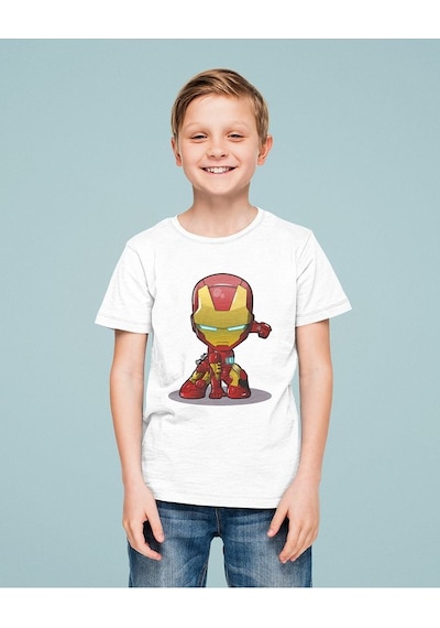 Sevbano Tasarım Ironman Demiradam Baskılı Unisex Film Kahramanı Çocuk Tiş Beyaz