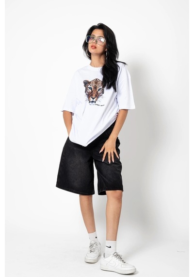 Startmore Stay Wild Leopar Siluet Baskılı Oversize Unisex Beyaz Beyaz