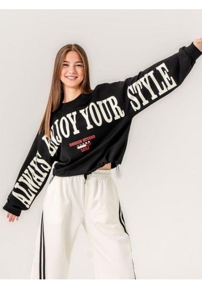 Kız Çocuk Enjoy Baskılı 2 İplik Sweatshirt-15351 Siyah