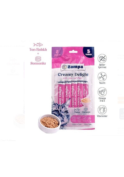 Zampa Creamy Delight Somonlu Ve Tuna Balıklı Kedi Krema Ödül Maması 16 Gr X 5 Adet