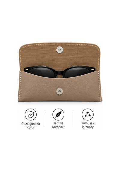 Bej Mıknatıslı Yumuşak Deri Gözlük Kılıfı Koruyucu Gözlük Kabı