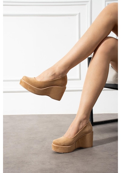 Zenneshoes Helena Dolgu Topuklu Kadın Ayakkabı Taba Süed
