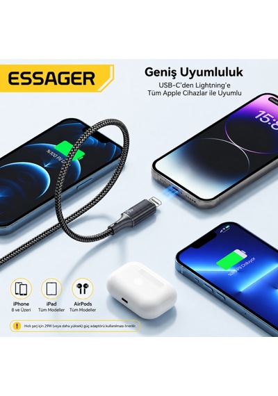 Essager 29w Usb-c To Lightning Hızlı Şarj Ve Data Kablosu 2 Metre Apple iPhone Uyumlu 480mbps Örgülü Desen - Ben10