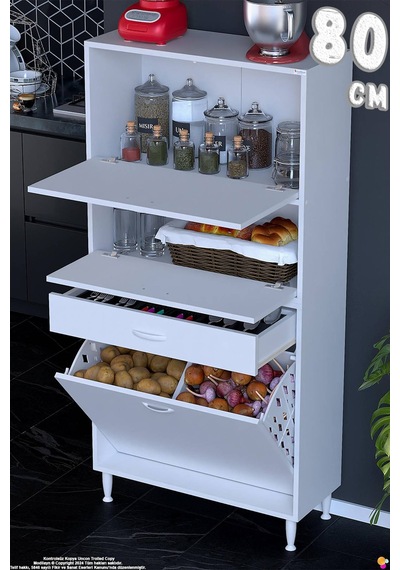 Defne 80 Cm Çok Amaçlı Mutfak Bakliyat Kiler Banyo Dolabı Kahve Köşesi Sepetli Dolap 80x163x32 Cm Beyaz