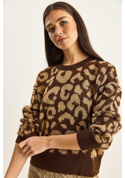 Shade Kadın Leopar Desenli Bisiklet Yaka Şardonlu Basic Triko Kazak 60285010 - Kahverengi-camel Çok renkli