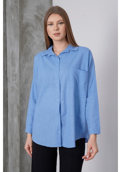 Paw Garage Kadın London Keten Tek Cepli Oversize Gömlek, Premium Kalite Keten Gömlek Mavi