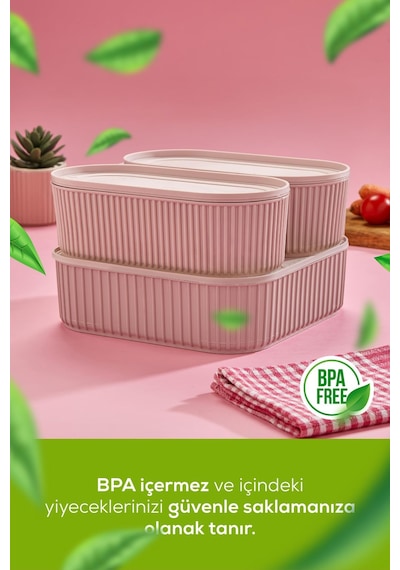 Vienev 3'lü Elastik Bantlı İstiflenebilir Pratik Saklama Kabı Seti 2x 1100 Ml 1x 2600 Ml Pembe