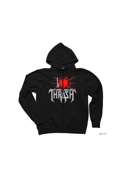 I Love Trash Siyah Fermuarlı Kapşonlu Sweatshirt Siyah