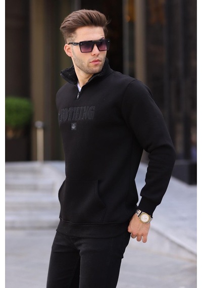 Madmext Siyah Baskılı Fermuar Detaylı Sweatshirt 6003 Siyah