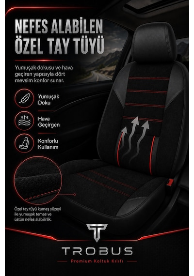 Nova Serisi Tay Tüyü Bel Destekli Siyah Kırmızı Premium Üniversal Koltuk Kılıfı Tam Set