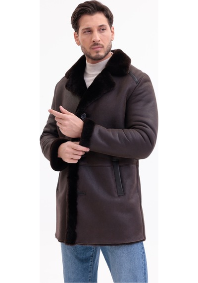 M M Marki Marki Hakiki Deri Erkek Kaban Kahverengi İçi Kürklü Düğmeli Premium 85 Cm - 500522