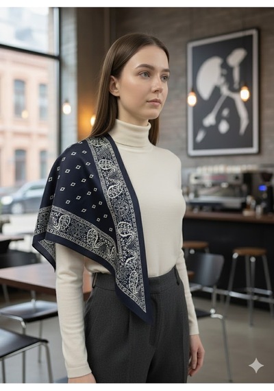 Tarzını Seç Saray Motif Lacivert Üçgen Fular Bandana Estacraft - 100x45 Cm