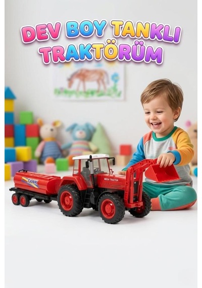 Dev Boy Oyuncak Traktör Ve Su Tankeri Seti Hareketli Kepçeli Eğitici Oyuncak 80 Cm Mega Traktör