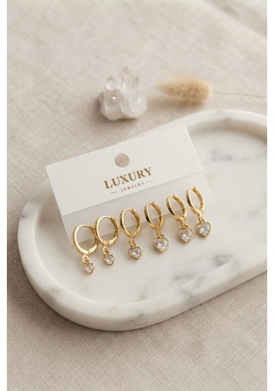 Kalp Zirkon Taşlı Gold Renk Pirinç Set Küpe Altın