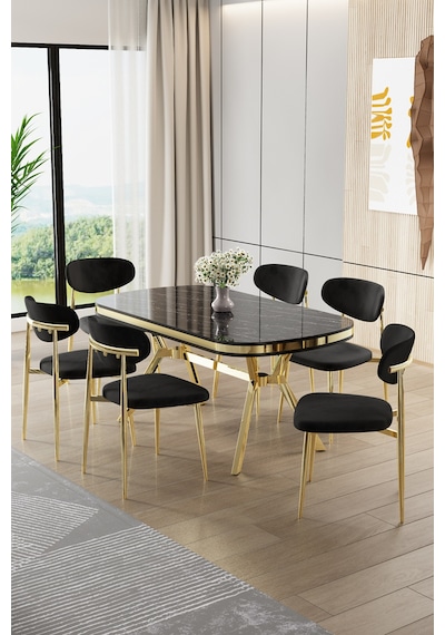 Canisa Olya Serisi 90x168 Lak Panel Sonata Masa Takımı Gold Ayaklı 6 Siyah Sandalye Sonata Masa Siyah Sandalye Canisa Olya Serisi 90x168 Lak Panel Sonata Masa Takımı Gold Ayaklı 6 Siyah Sandalye Sonata Masa Siyah Sandalye