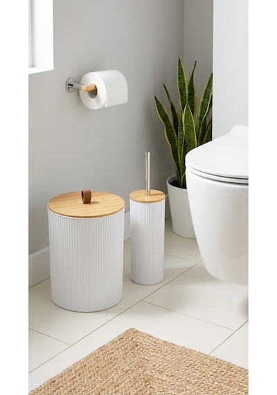 Makri Home 5 Parça Yuvarlak Banyo Seti, Bambu Kapaklı, Beyaz, Hacim: 7 Litre Beyaz