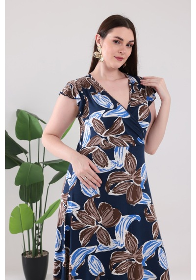 Madwilo Kadın Lacivert Floral Desen Fırfır Kol Kruvaze Yaka Büyük Beden Esnek Maxi Elbise